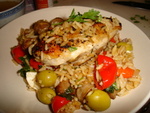 Pan Fried Chicken with Rice and Olives - Served